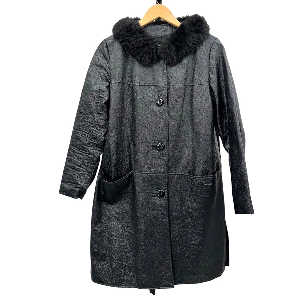 Cabrella Faux Leather Coat Faux Fur Collar Black Single Breasted Size Large VTG